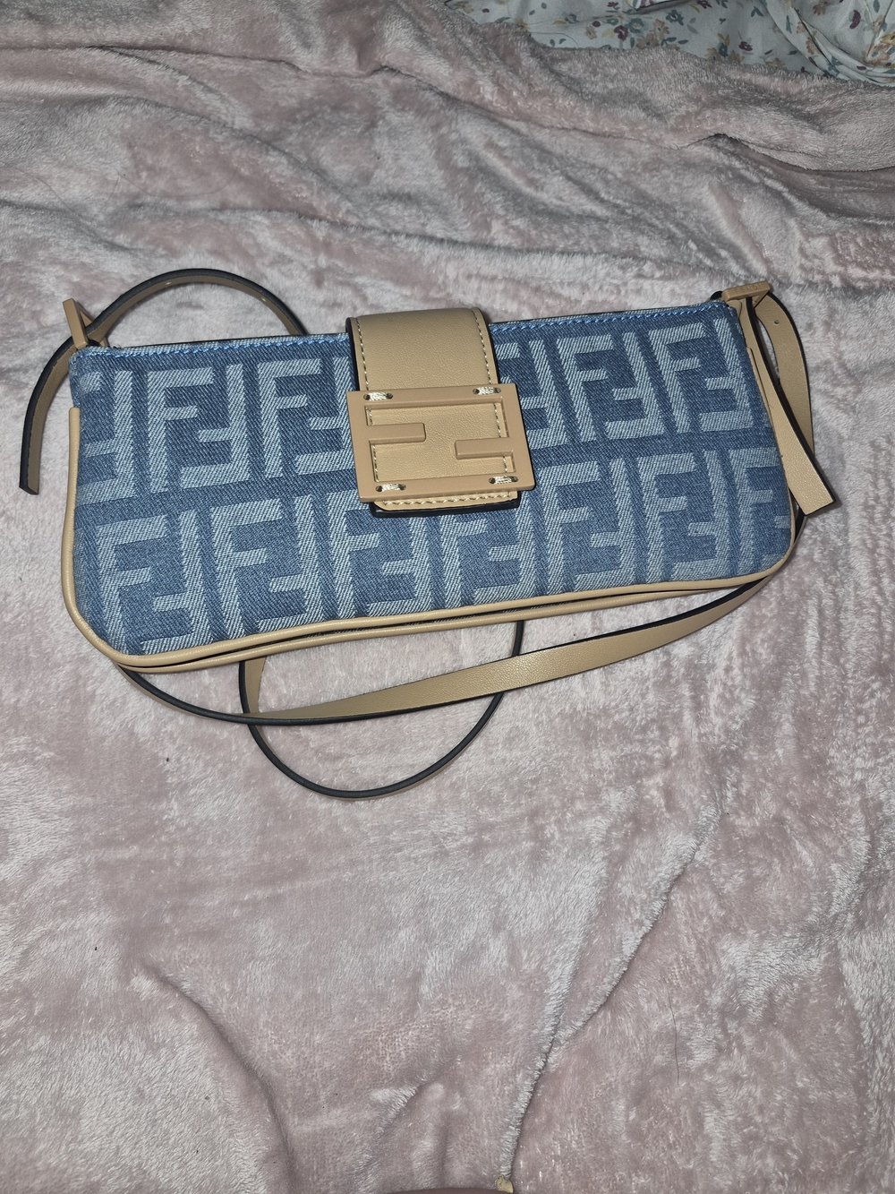 Fendi Blue Denim and Beige Baguette Shoulder Bag